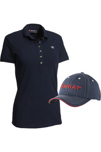 2023 Ariat Womens Prix 2.0 Short Sleeve Polo & Cap for £10 Bundle - Navy / Red